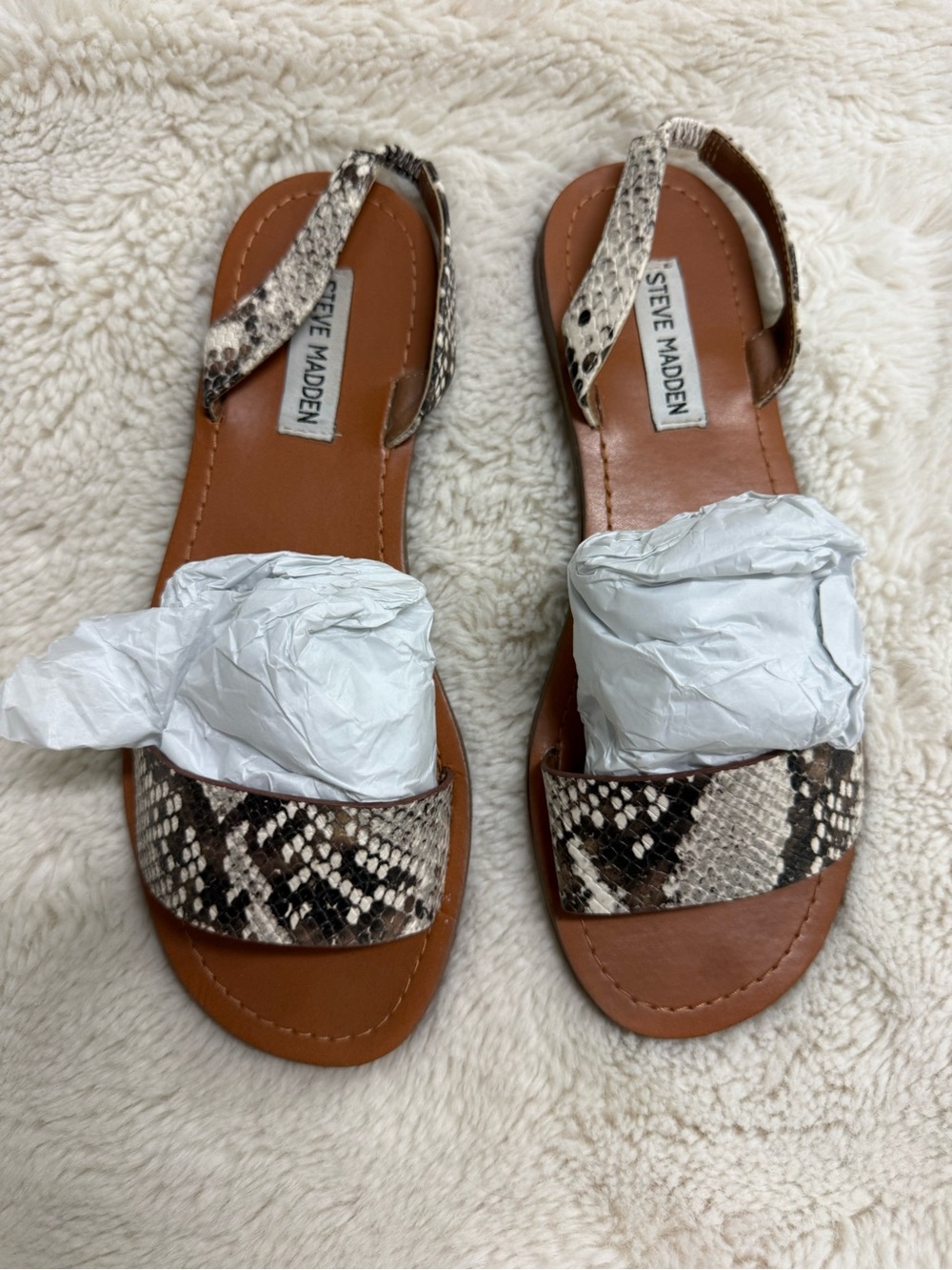 Steve Madden Brown Tan Snake-Print Leather Flat Sandals
